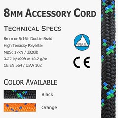 GM CLIMBING 8mm Accessory Cord Rope Double Braid Pre Cut 20feet, Black