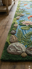 Hand Tufted Koi Pond Wool Runner Rug Nature Hallway Decor Water Garden Japanese