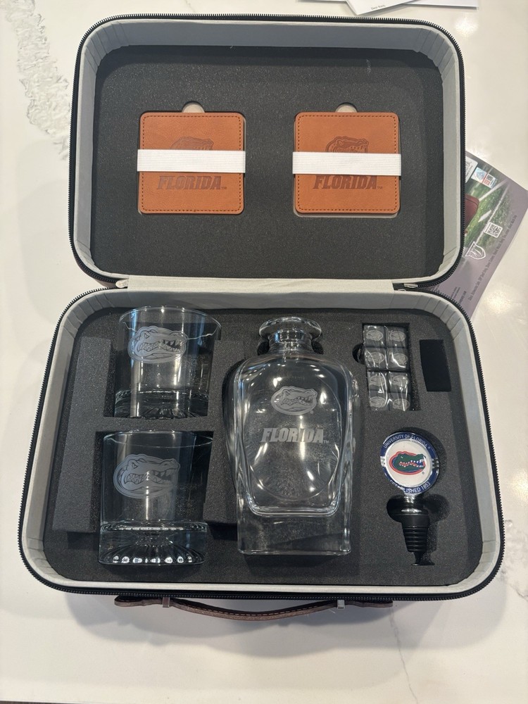UF University Of Florida Gators 26 Oz Faux Leather Decanter Set W Stones Tongs