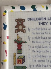 VTG Handmade Cross Stitch Sampler Children Learn What They Live Framed Art Decor