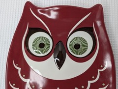 Vintage Katie Brown Owl Serving Platter Meijer Whimsical Red White Green Eyes