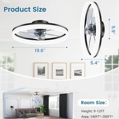 20″ Modern Fan Lights Flush Mount LED Ceiling Light kit With Remote APP Control