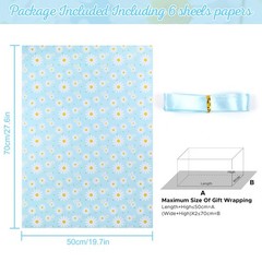 6 Sheets Daisy Wrapping Paper White Yellow Floral Blue Gift Wrap With Ribbon