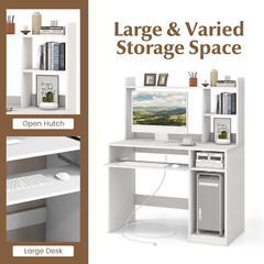 Modern White Desk with Hutch & Charging Station for Home Office & Study