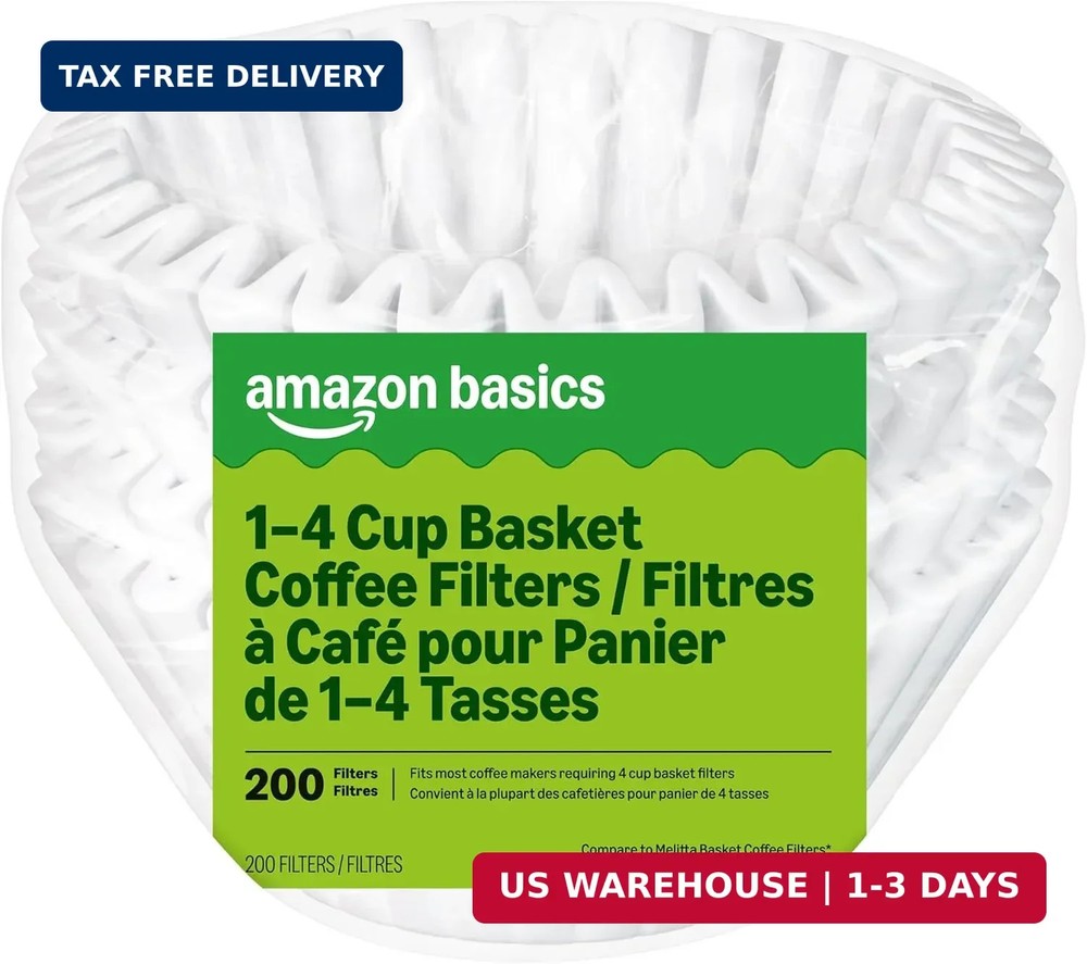 Basket Coffee Filters for 1-4 Cup Coffee Makers, White, 200 Count