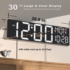 JALL 30″ Large Digital Wall Mount Clock with Remote Control, White