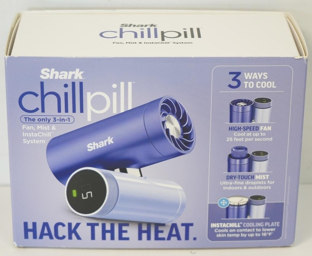 NEW- Shark ChillPill 3-in-1 Portable Fan Mist & Instachill System FA022LV – Blue