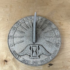 VTG 9” Sundial “I Count None But Sunny Hours” Winged Hourglass Garden Patina