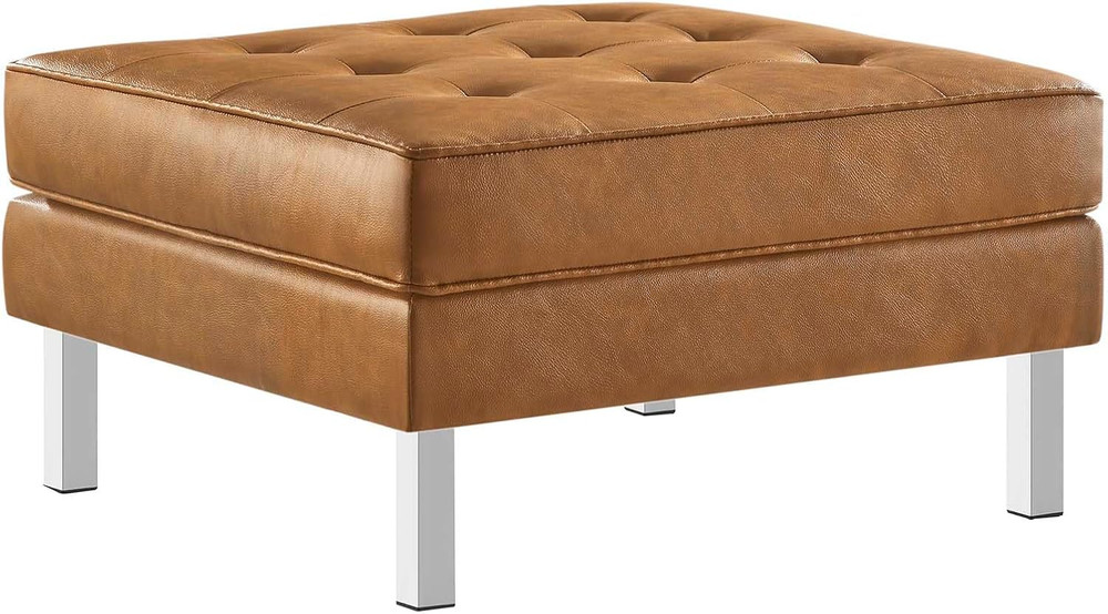 Silver Tan Tufted Faux Leather Square Ottoman for Stylish Living Spaces