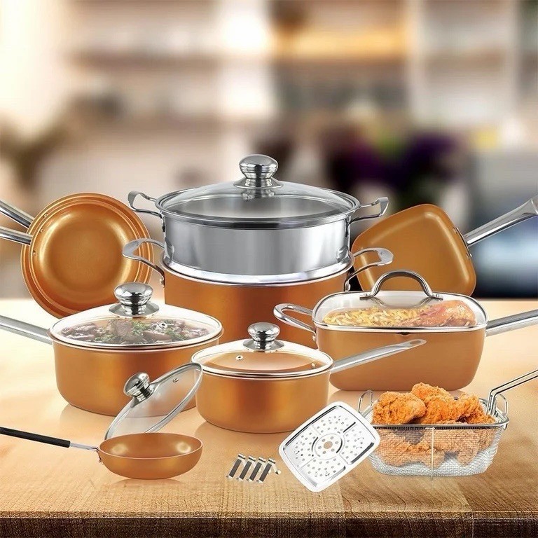 Simple & Co Oven Safe 20 Pieces Copper Infused Ceramic Nonstick Cookware Set