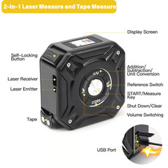 2 in 1 Digital Laser Tape Measure 130ft/40m Laser Distance Display On LCD Screen