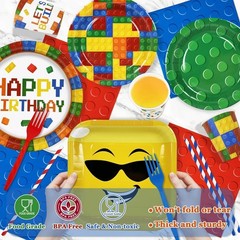 224Pcs Building Block Birthday Decorations, ALL-IN-1 Colorful Blocks Plates a…