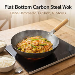 13.5″ Carbon Steel Flat Bottom Wok Hand Hammered,Pre-Seasoned,Works on All Stove