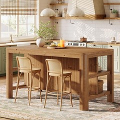 63-Inch Farmhouse Solid Wood Kitchen Island with Storage Shelves for Dining Room
