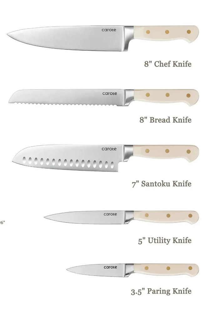 CAROTE Kitchen Knives, Stainless-Steel Blades & Triple-Riveted BEIGE Handles NEW