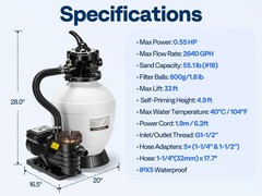 12/13in Sand Filter Pump In/Above Ground Pool System 7-Way w/ Timer 2087/2640GPH