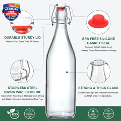 8 Pack [1 Liter / 33 Fl. Oz.] Swing Top Glass Bottles W/ Airtight Stopper Lids –