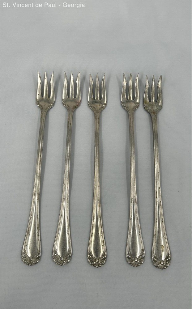 Vintage Nickel Silver Cocktail Seafood Cheese 6 in Forks Set of 5 Ornate Design