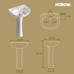 HOROW 22×19 Inch U-Shape Pedestal Sink,White Ceramic Bathroom Sink with Overflow
