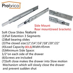 12-22In Soft Close Full Extension Drawer Slides Rear Mount Ball Bearing+Brackets