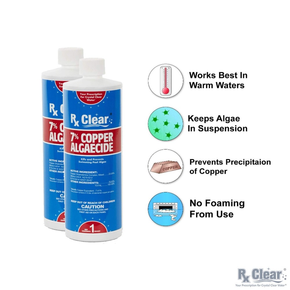 Rx Clear Swimming Pool 7% Copper Algaecide Chemical – 32 oz – (Choose Quantity)