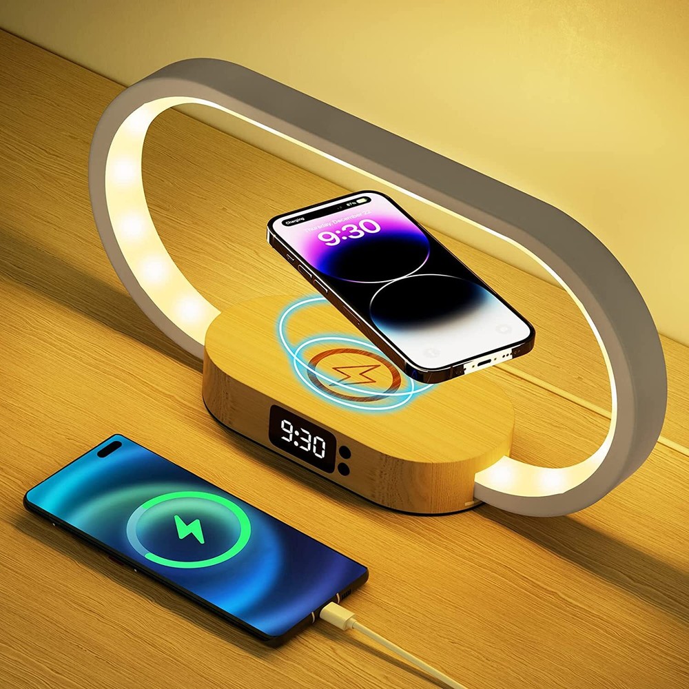 Bedside Lamp w/Wireless Charger Clock USB Charging Port Touch Control Nightstand