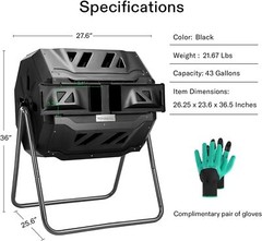 VIVOSUN 18.5/37/43 GaL Composting Tumbler Bin 360° Chamber Outdoor Gardening