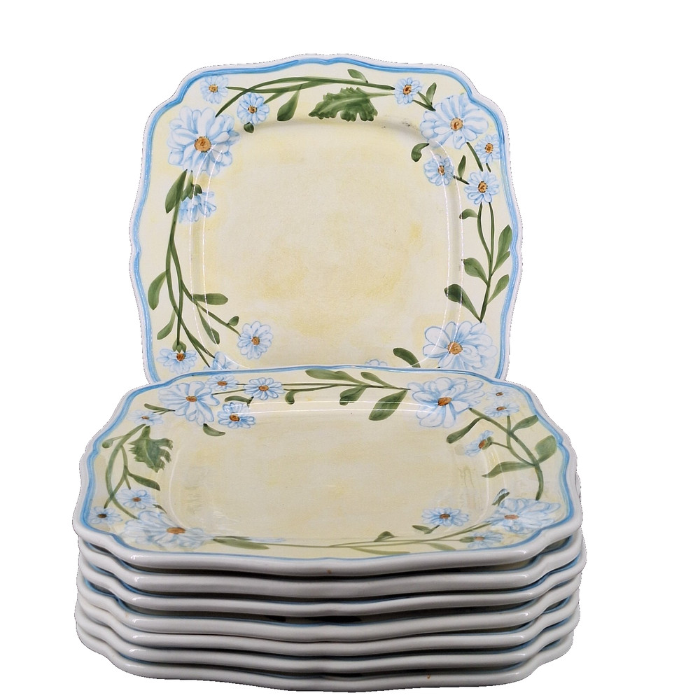 8 Vtg Daisy Chain Block 2001 Dinner Plates Lt. Blue White Yellow Daises 10.5″