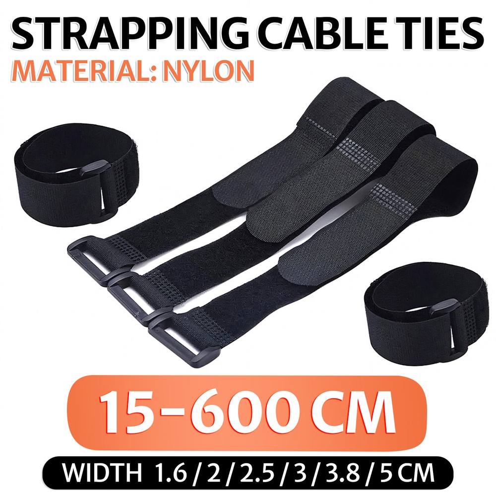 Black Hook and Loop Heavy Duty Strap Strapping Cable Ties with Buckle 15cm-600cm