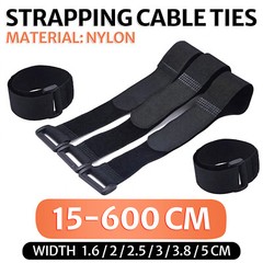 Black Hook and Loop Heavy Duty Strap Strapping Cable Ties with Buckle 15cm-600cm
