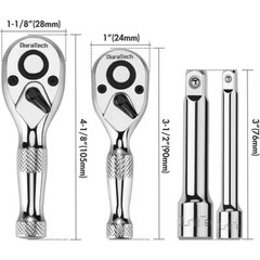DURATECH 4PCS 1/4″ 3/8″ Drive Stubby Ratchet Set with 2 Extension Bar 72-Tooth