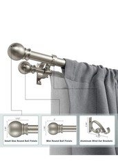 Double Curtain Rod Set 1.56in Aluminum Silver w/ Ball Finials & Brackets