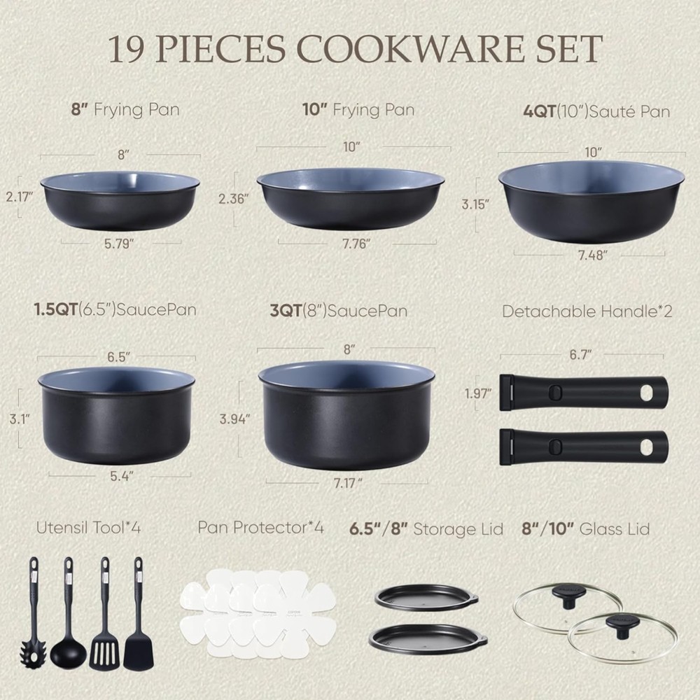 19PCS Black & Gray Ceramic Cookware Set – Non-Stick, Oven Safe, Induction Ready
