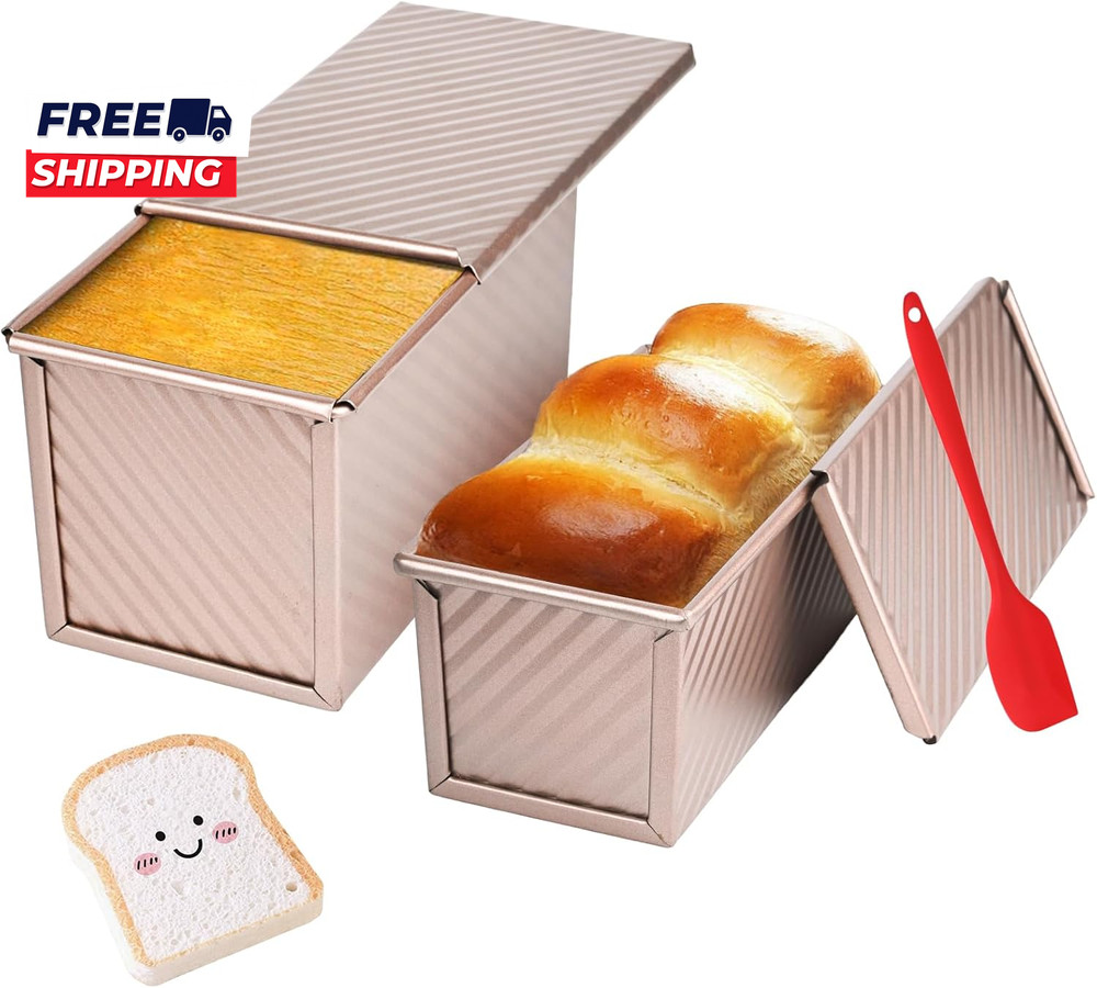 2 Pack Pullman Loaf Pan with Lid, 1 Lb/0.5 Lb Dough Capacity for Homemade Bread,