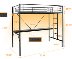 Twin Size Metal Loft Bunk Bed Frame for Kids Teens Adults with Desk Underneath