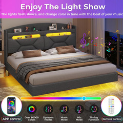 King Size Floating Bed Frame with Power Outlet, Storage Headboard with Hidden Cu
