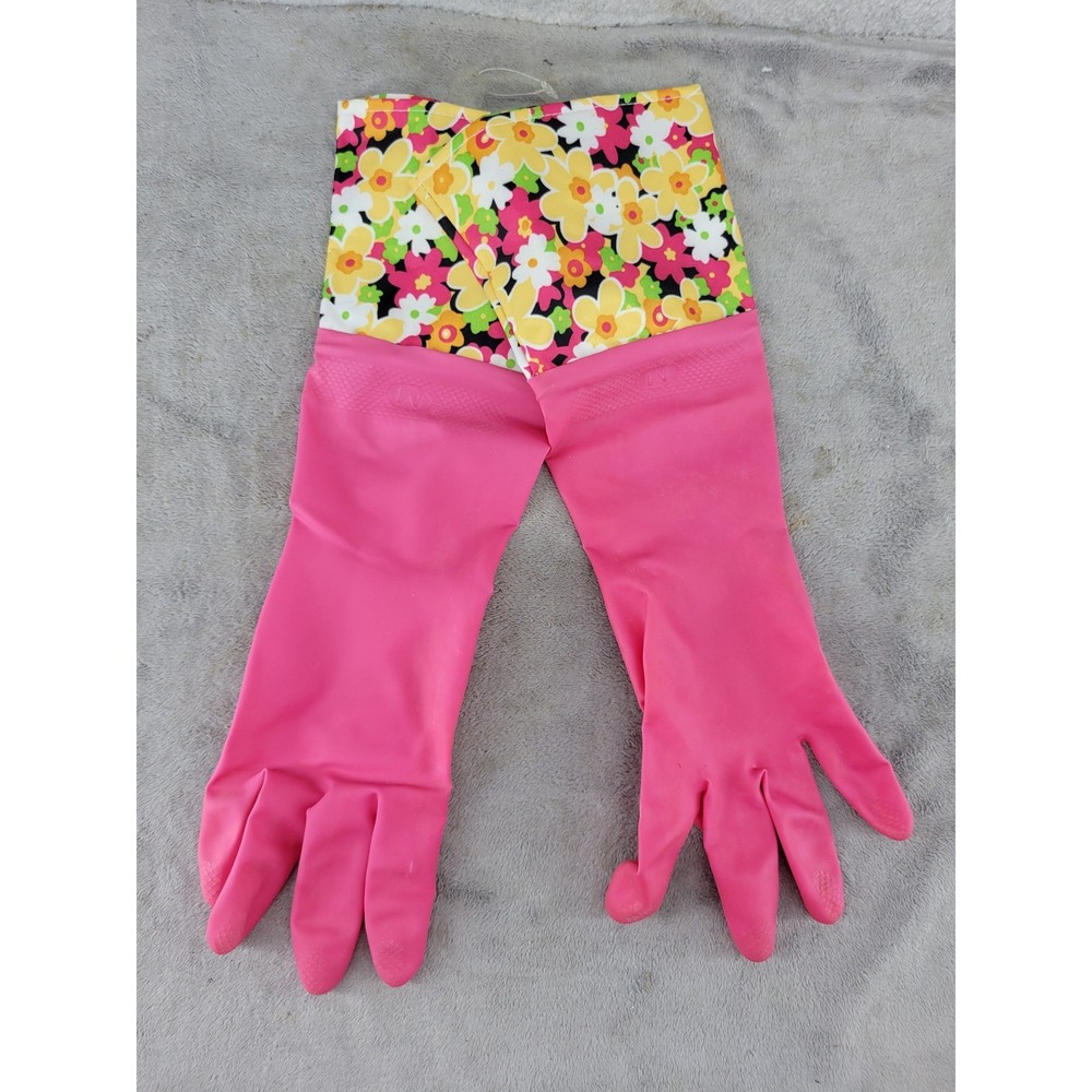 Pink Floral Cuff Rubber Cleaning Gloves Medium Retro Kitschy Waterproof 15.5 In