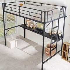 Twin Size Metal Loft Bunk Bed Frame for Kids Teens Adults with Desk Underneath