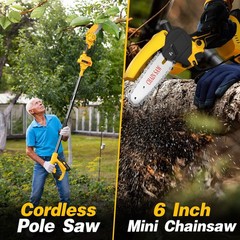 2 in1 Cordless Pole Saw Brushless Mini Chainsaw for Tree Trimming w/ 2 Batteries