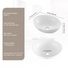 VEVOR Modern Ceramic Vessel Sink 16″x13.4″ Bathroom Vanity Bowl Countertop White