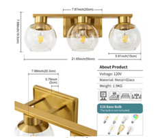 7.68 in. 3-Light Gold Bathroom Vanity Light w/ Clear Glass Shades Bulbs not incl