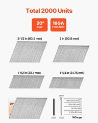 VEVOR 16 Gauge Angled Finish Nails 2000-Count (2-1/2 in,2 in,1-1/2 in,1-1/4 in)