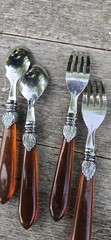6 Pcs Stainless Steel Made In China Flatware Set Amber Color Bakelite? Acrylic?