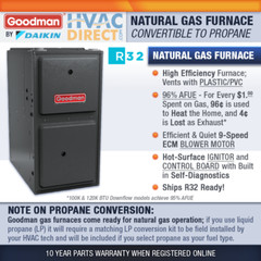 Goodman Gas Furnace 95-96% 100000 BTU NG/LP 1 Stage Multi-Position GR9S96/GD9S96