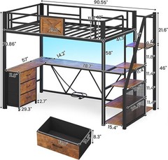 Stairway Twin Size Loft Bed with L Shaped Desk & Wardrobe, Metal Loft Bed Frame
