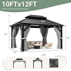 10 x 12 ft Hardtop Gazebo with Nettings and Curtains, Steel Double Roof Gazebo