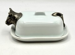 RARE Pillivuyt France Porcelain Butter Pat Dish, Silver/ Pewter Cow Head & tail