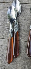 6 Pcs Stainless Steel Made In China Flatware Set Amber Color Bakelite? Acrylic?