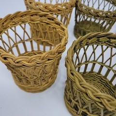 6 Vintage Boho Wicker Rattan Cup Glass Holders Handles Garden Party 3.25” Tiki