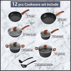 12 Pieces Kitchen Pots & Pans Set Nonstick Cookware Set Granite Coated with Lids